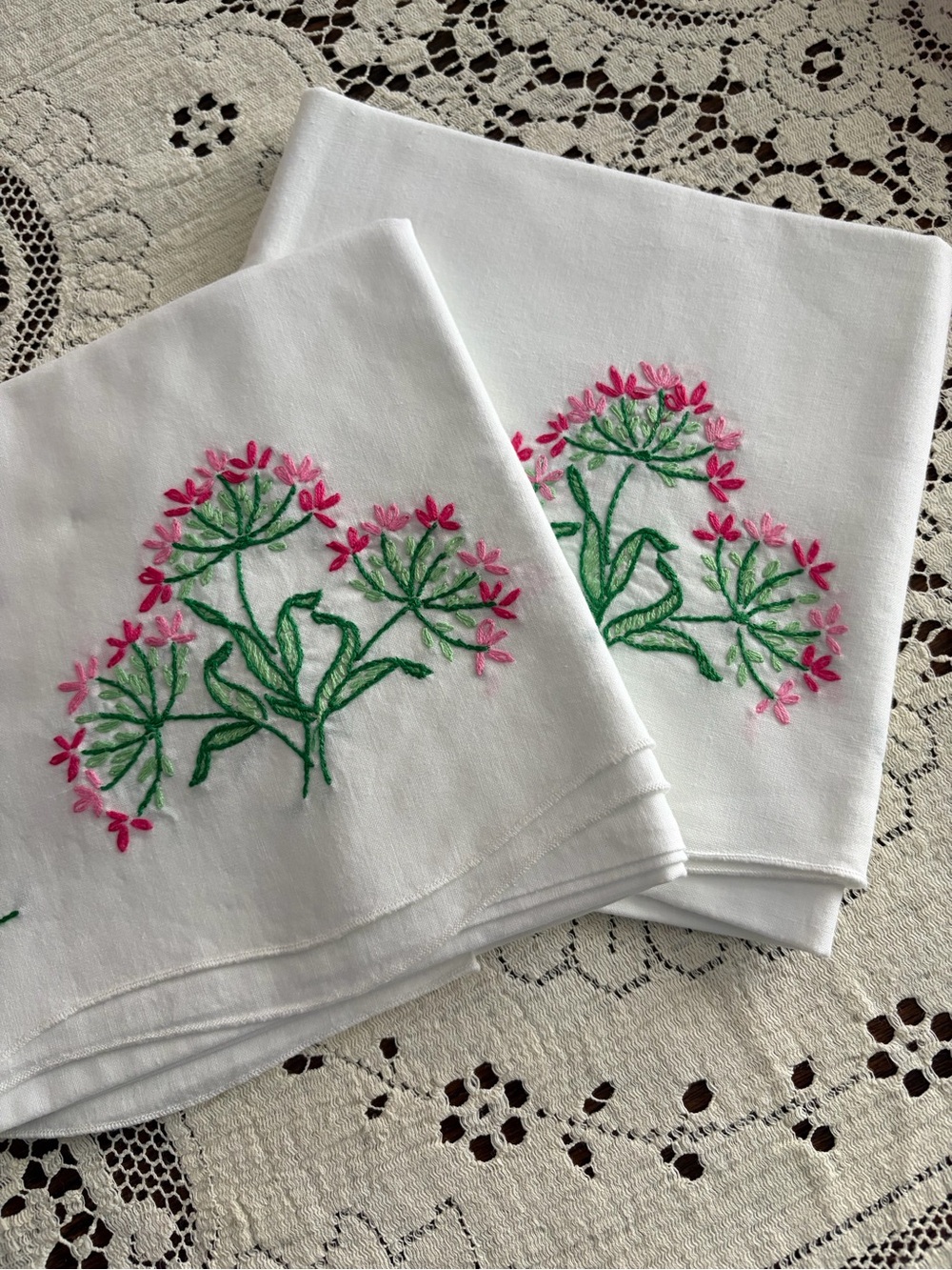Hand-Embroidered Pink & Green Floral pillowcases
